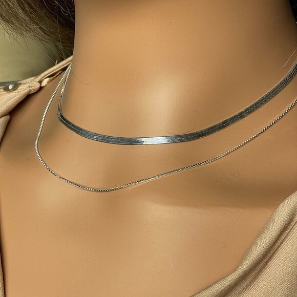NEW 925 Sterling Silver Herringbone Snake Box Chain Necklace Set - Picture 1 of 9